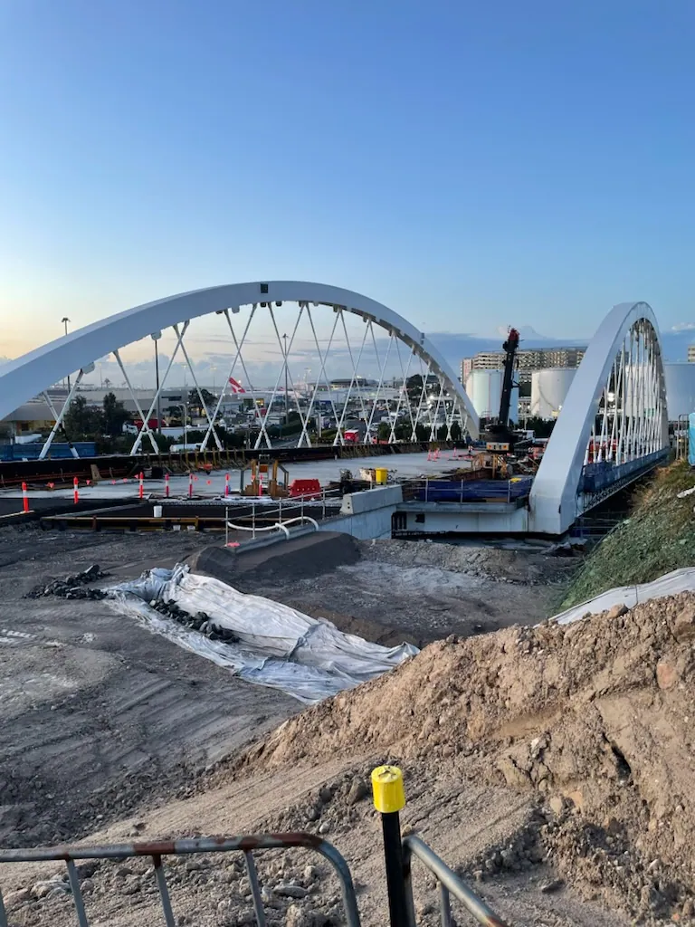 Steel arch bridge under construction